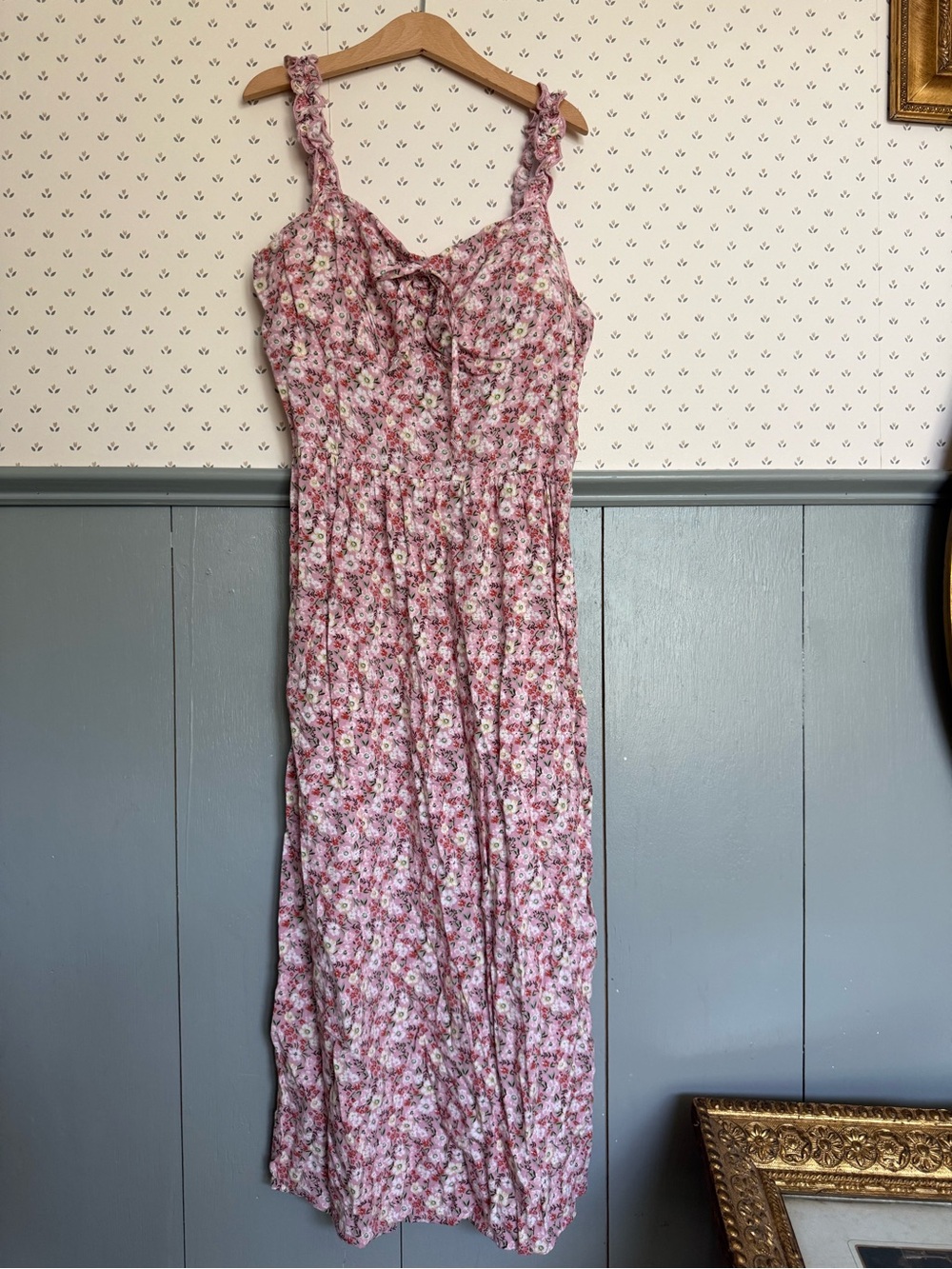 Floral Pink Ruffle Strap Dress.